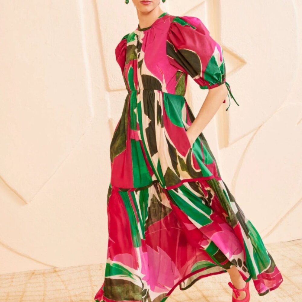 NWT ULLA JOHNSON Collage Dress Puff Sleeve in Palingenesis XS $1,190